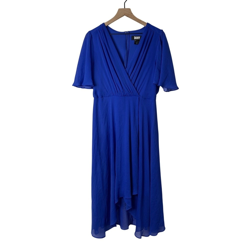 DKNY Women Flutter Sleeve High-Low Faux Wrap Midi Dress Size 12 Royal Blue Party